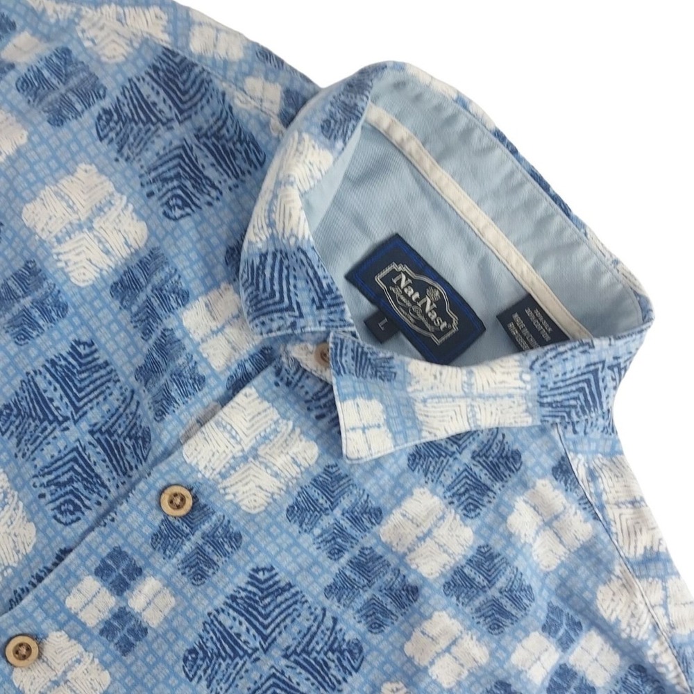 Nat Nast Button Up Shirt Mens L Blue‎ Silk Cotton Geometric Short Sleeve Luxury